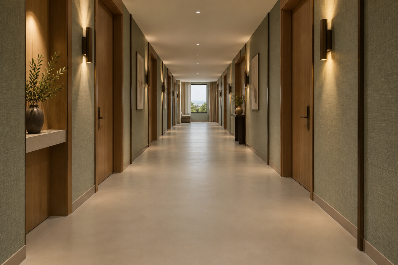 Moderne hotelgang met houten deuren en een naadloze warm-greige gietvloer.