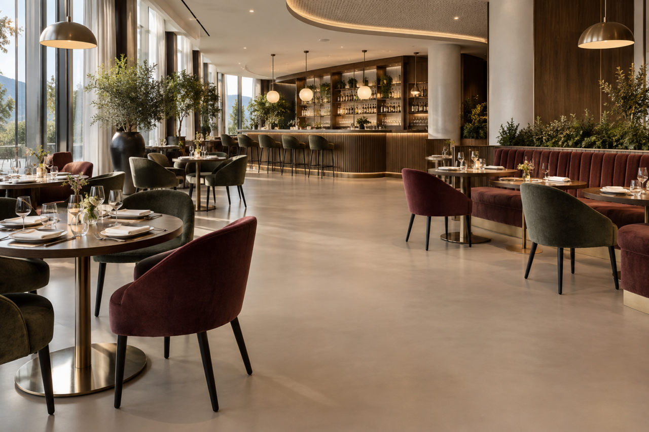 Stijlvol hotelrestaurant met een warm-greige gietvloer en sfeervolle verlichting.