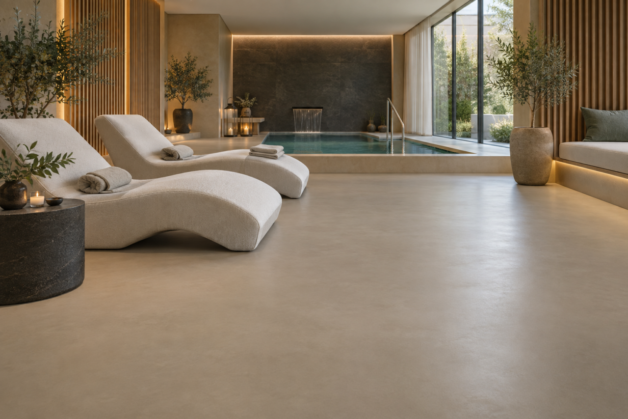 Ontspannen hotelwellness met ligbedden, een plungepool en een warm-greige gietvloer.