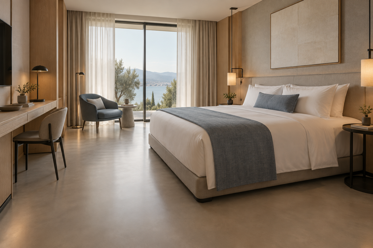 Luxe hotelkamer met een rustige warm-greige gietvloer en natuurlijk daglicht.